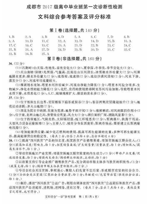 2020屆四川省成都市高三文綜一診模擬試題答案（圖片版）